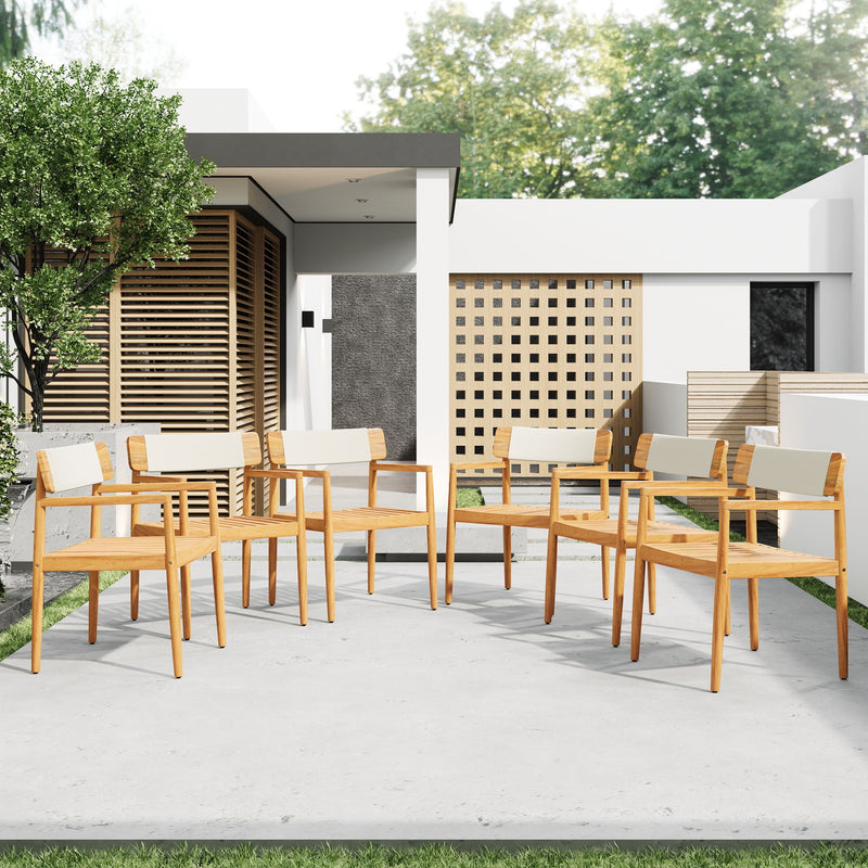 Creative Braided Acacia Wood Outdoor Dining Table And Chairs With Armrests (Set of 2) - Teak / White - R&R Furniture Gallery (Fountain Valley, CA)