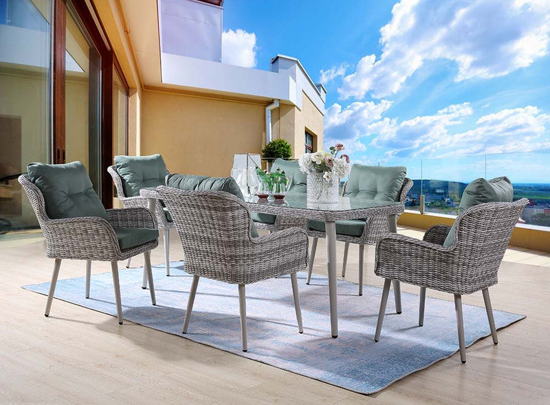 Jenneva - 7 Piece Patio Dining Set - Night Green Fabric & Gray - R&R Furniture Gallery (Fountain Valley, CA)