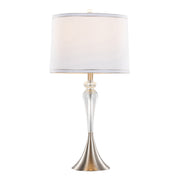 Pair of Lumi Source Ashland contemporary crystal table lamps with clear crystal shades, nickel bases, and white accents.