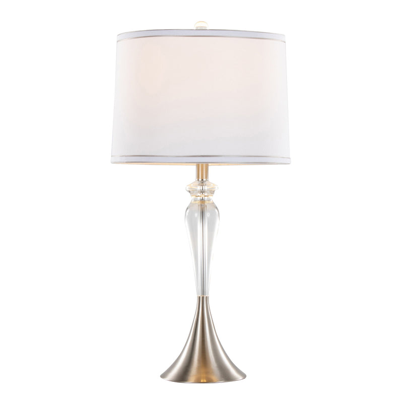Pair of Lumi Source Ashland contemporary crystal table lamps with clear crystal shades, nickel bases, and white accents.
