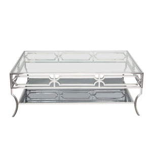 Avalon Cocktail Table with Clear Glass Top, Mirrored Shelf & Stainless Steel Frame by Diamond Sofa
