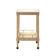 TOV Furniture Slosh bar cart in natural ash wood with metal frame, featuring two shelves and a modern, minimalist design.