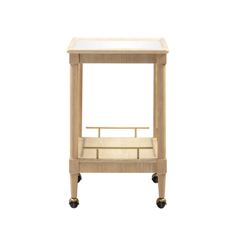TOV Furniture Slosh bar cart in natural ash wood with metal frame, featuring two shelves and a modern, minimalist design.