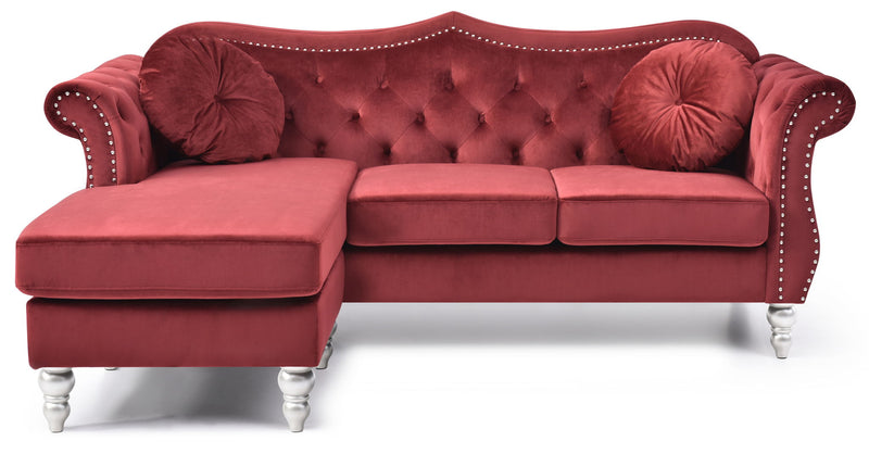 Glory Furniture Hollywood stationary sectional sofa with chaise, upholstered in neutral fabric, shown in a modern living room setting.
