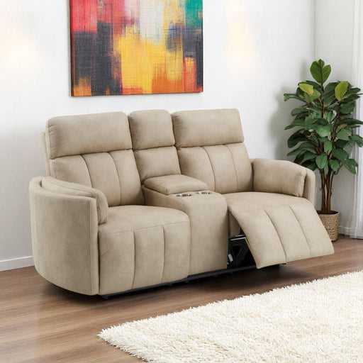 Elison - Motion Loveseat With Console - Dark Beige Polish Microfiber - R&R Furniture Gallery (Fountain Valley, CA)