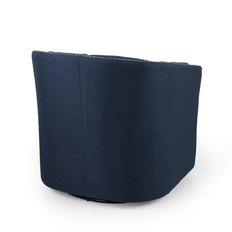 Noble House modern upholstered swivel club chair with nailhead trim, featuring plush fabric and a sleek, rounded design.
