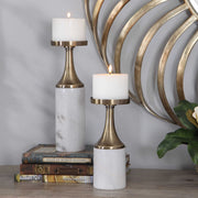 Set of two Castiel marble candleholders in white and gold, featuring elegant cylindrical design for candles.