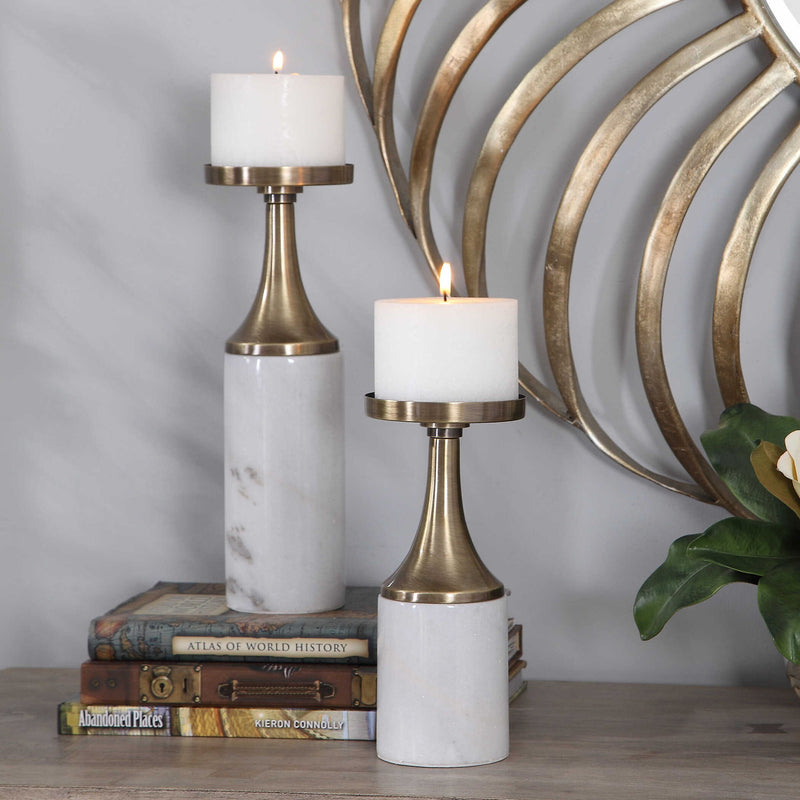 Set of two Castiel marble candleholders in white and gold, featuring elegant cylindrical design for candles.