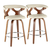 Set of two Lumi Source Gardenia mid-century modern counter stools with wooden legs and upholstered seats.