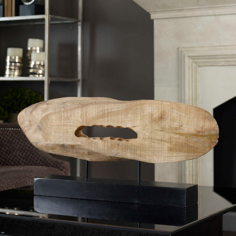 Uttermost Paol mango wood sculpture with light brown and black finish, showcasing a modern abstract design in a sculpture and figurines collection.