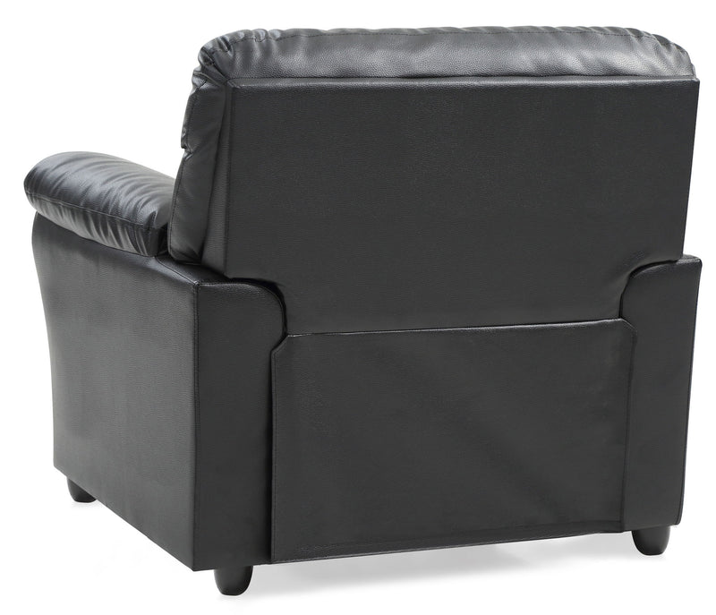 Black Olney arm chair by Glory Furniture with cushioned seat and backrest, modern design, and sturdy wooden legs.