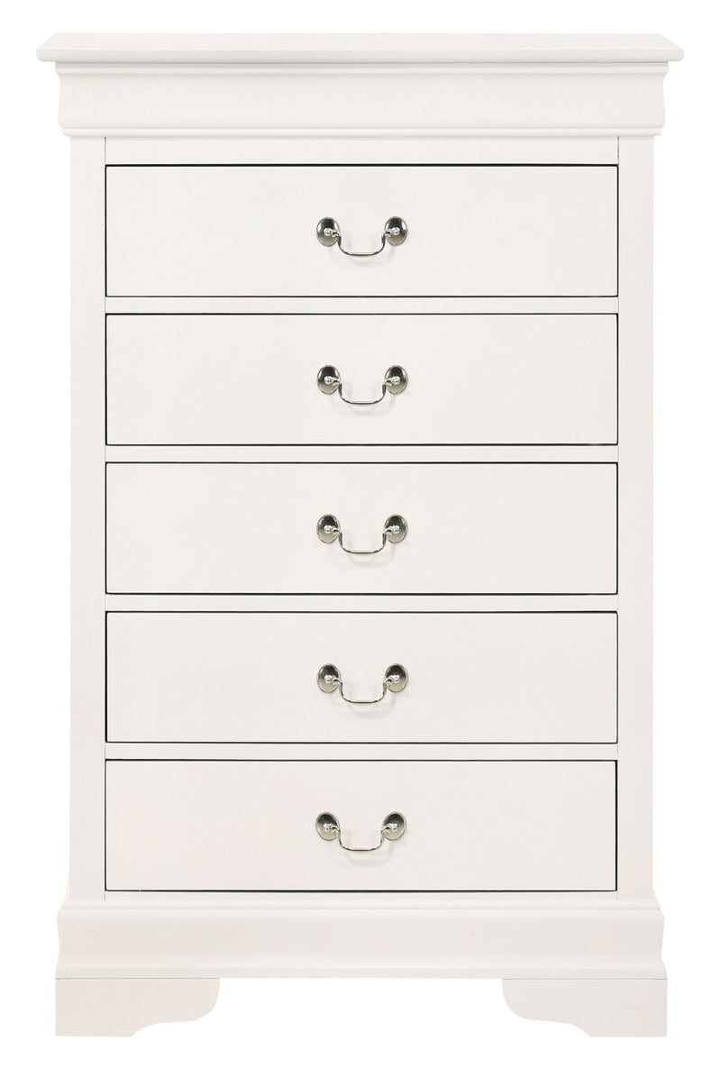 Louis Phillipe accent chest by Glory Furniture featuring a classic wooden design with drawers and decorative handles.