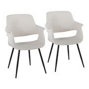 Set of two Lumi Source vintage flair art deco accent chairs with black metal legs, upholstered in blue or cream fabric, glam style.