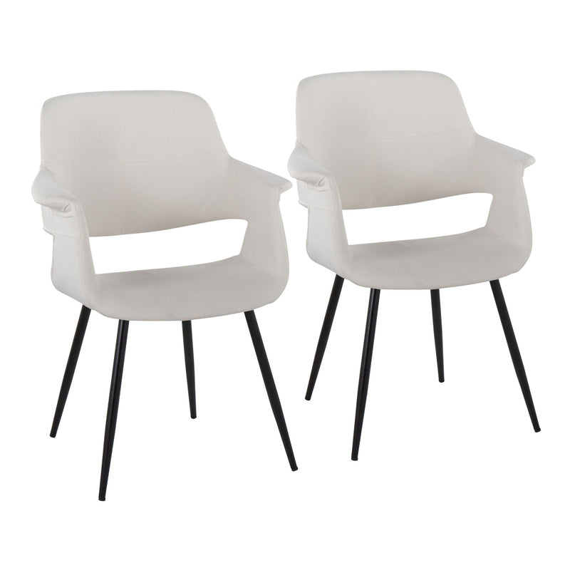 Set of two Lumi Source vintage flair art deco accent chairs with black metal legs, upholstered in blue or cream fabric, glam style.