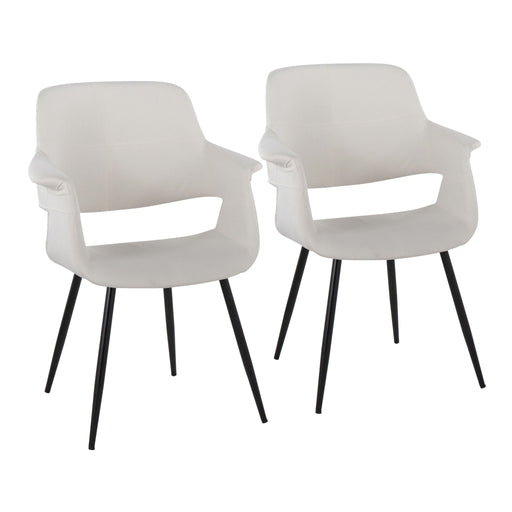 Set of two Lumi Source vintage flair art deco accent chairs with black metal legs, upholstered in blue or cream fabric, glam style.