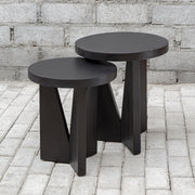 Uttermost Nadette nesting tables set of 2 with sleek glass tops and metal frames, ideal for versatile living room decor.