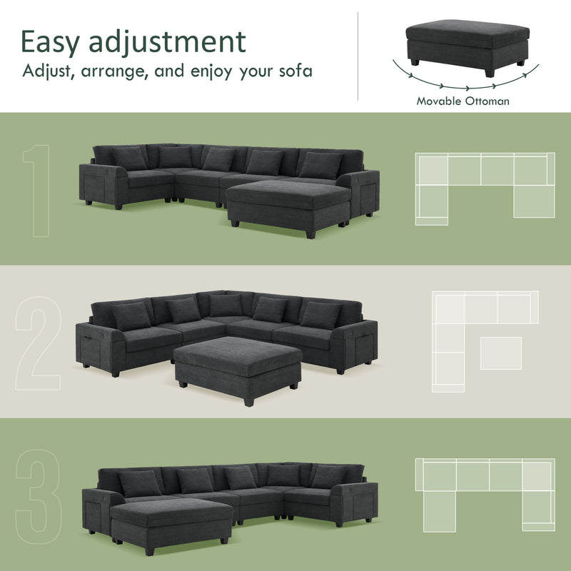 U Shaped Sectional Sofa 6 Seat Couch Set With Oversized Ottoman, Hidden Armrest Storage And Cup Holders USB Charging Ports Wide Seat Sofa - R&R Furniture Gallery (Fountain Valley, CA)