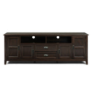 Simpli-Home Burlington TV media stand with open shelves and storage compartments in a modern wooden finish.