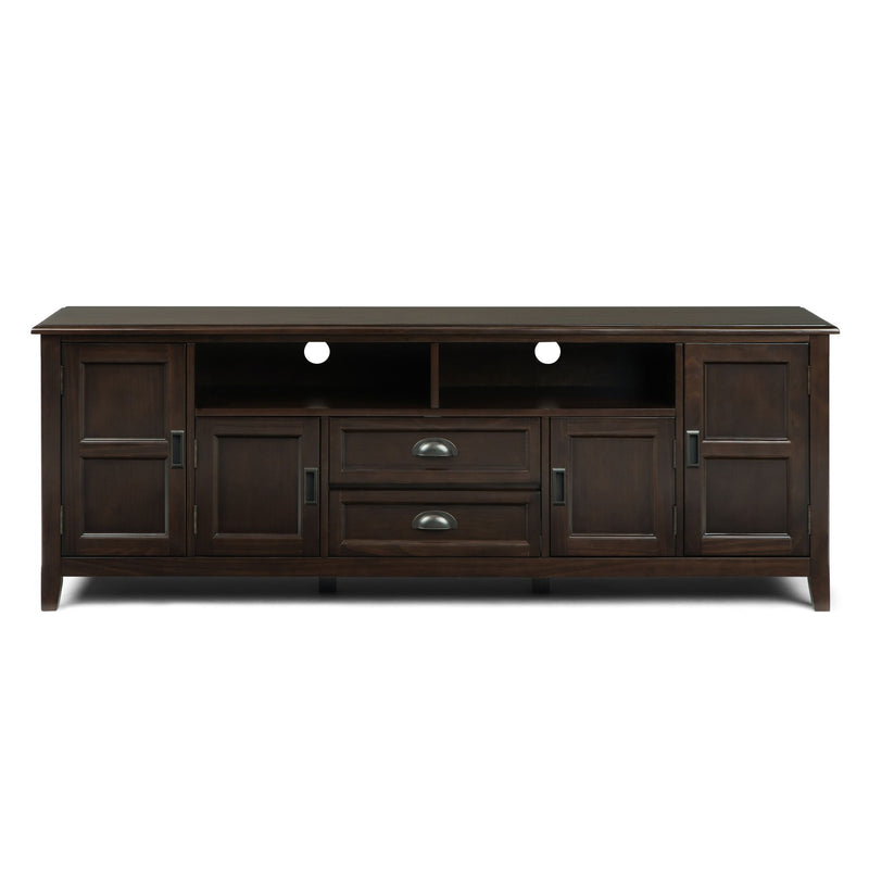 Simpli-Home Burlington TV media stand with open shelves and storage compartments in a modern wooden finish.