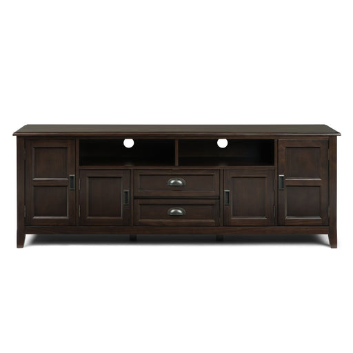 Simpli-Home Burlington TV media stand with open shelves and storage compartments in a modern wooden finish.