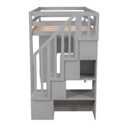 DreamHaus loft bed with built-in storage drawers, stairs with shelves, and a sturdy frame, ideal for space-saving bedroom furniture.
