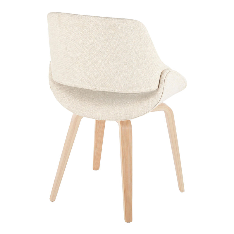 Lumi Source Fabrico mid-century modern dining chair set with natural bent wood legs, in blue, cream, and camel upholstery.