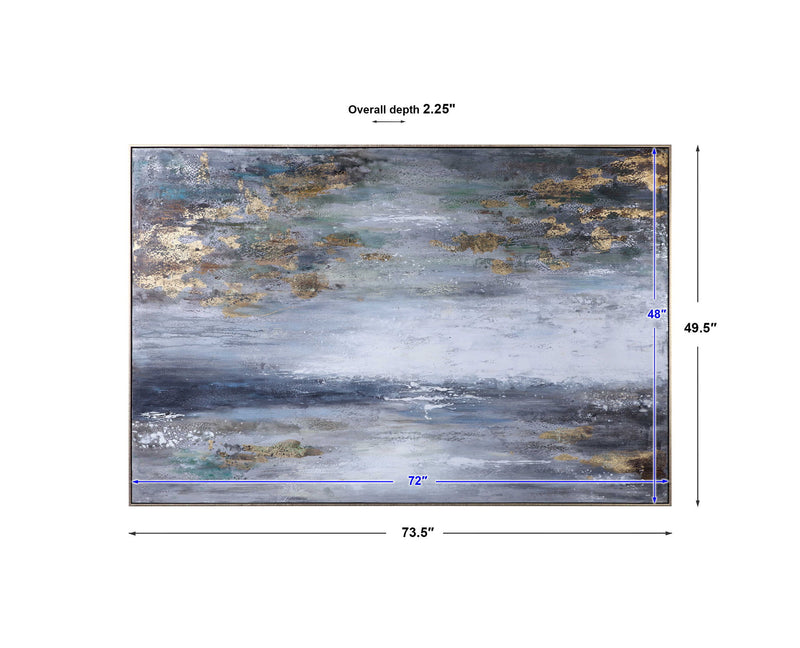 Hand painted blue canvas art by Uttermost, titled Dawn To Dusk, featuring vibrant, abstract artwork on textured canvas.