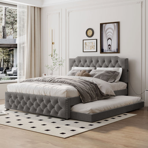 Upholstered Platform Bed With Trundle And 2 Sets Of USB Ports On Each Side, Fabric - R&R Furniture Gallery (Fountain Valley, CA)