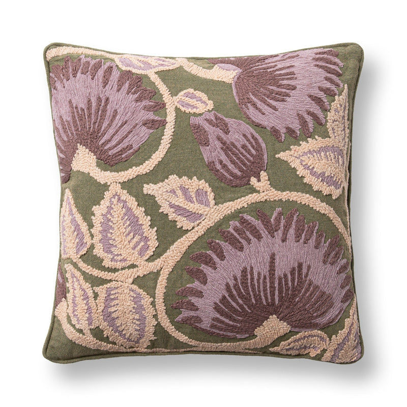 Olive green and multi-colored accent pillow, 22x22 inches, from Classic Home's Folly collection, featuring a decorative fabric design.