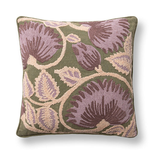 Olive green and multi-colored accent pillow, 22x22 inches, from Classic Home's Folly collection, featuring a decorative fabric design.