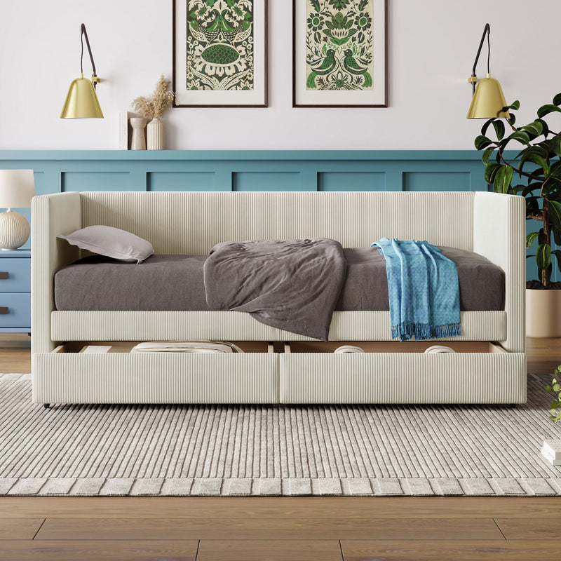 Halcyon Home storage daybed with two drawers and wood slat design, showcasing a stylish and functional bedroom furniture piece.