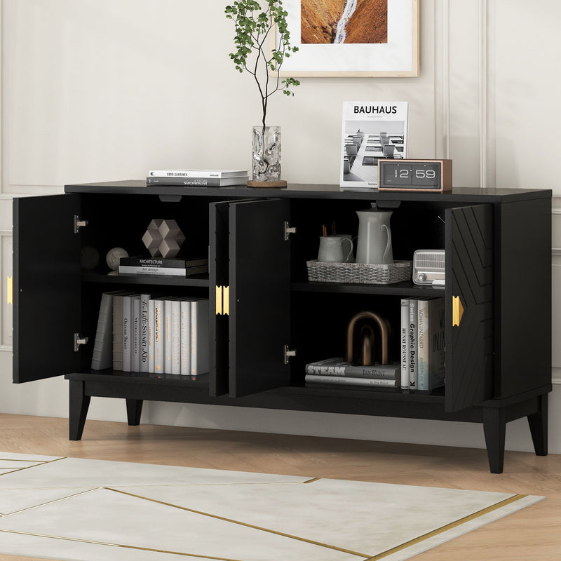 4 Door Sideboard Storage Cabinet For Living Room And Dining Room, 2 Large Cabinets With Gold Handles And Adjustable Shelf - Black - R&R Furniture Gallery (Fountain Valley, CA)