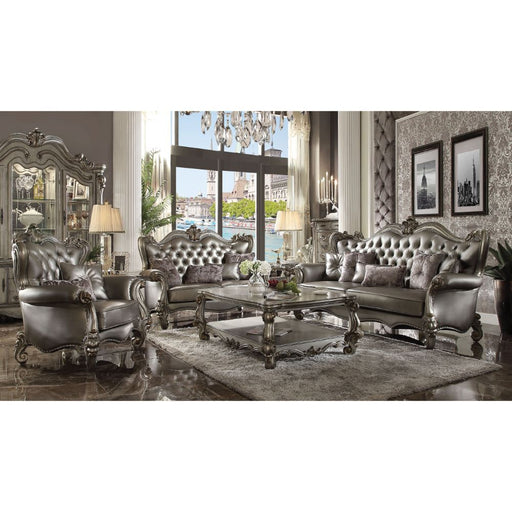 Versailles - Loveseat With 4 Pillows - Silver Synthetic Leather & Antique Platinum - R&R Furniture Gallery (Fountain Valley, CA)