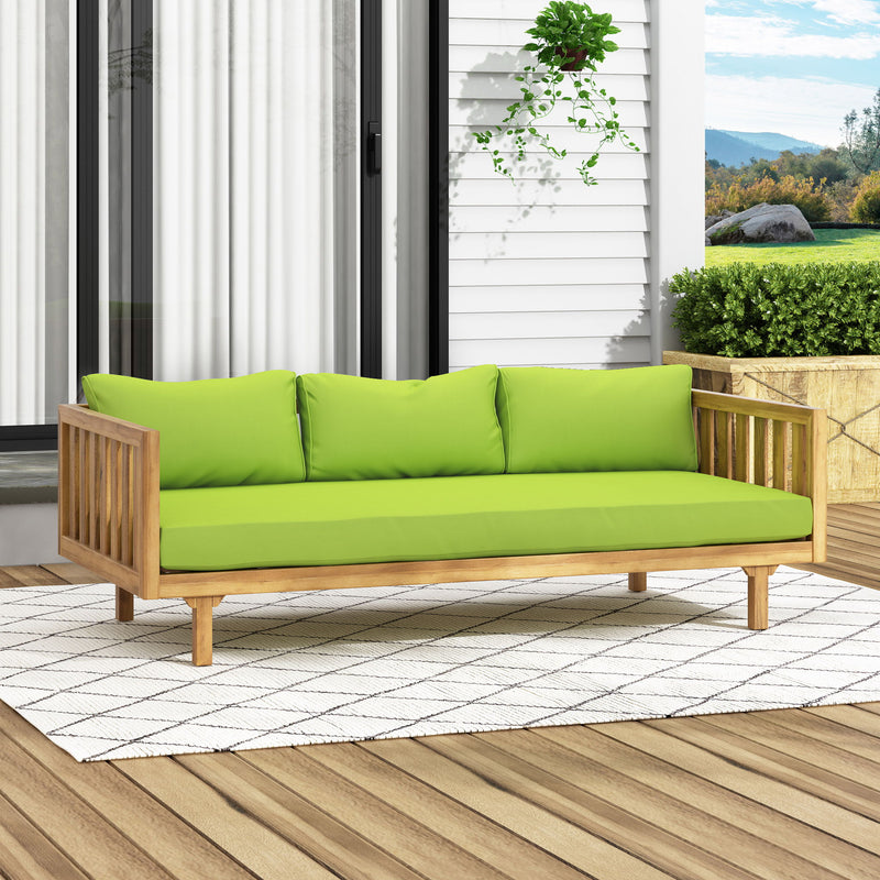 Noble House Claremont 3-seater teak acacia wood daybed sofa with water-resistant cushions, outdoor furniture for relaxing.