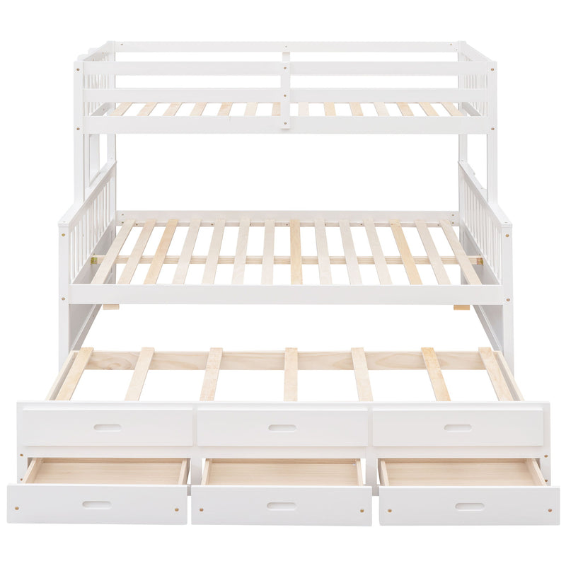 DreamHaus bunk bed with twin size trundle and storage drawers, featuring a sturdy wooden frame and ladder for space-saving sleeping.