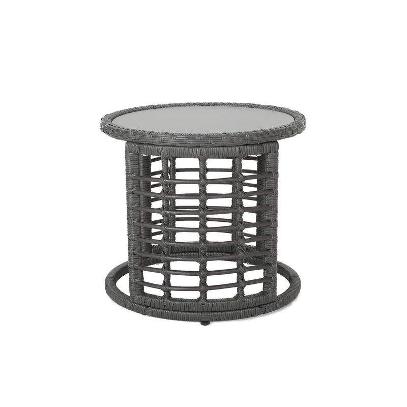 Achill - Outdoor Modern Boho Wicker Side Table With Glass Top - Gray - R&R Furniture Gallery (Fountain Valley, CA)