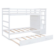 White DreamHaus twin over twin bunk bed with staircase and trundle, featuring sturdy wood frame and built-in safety rails.