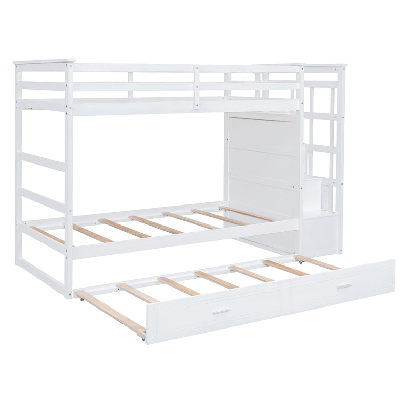 White DreamHaus twin over twin bunk bed with staircase and trundle, featuring sturdy wood frame and built-in safety rails.