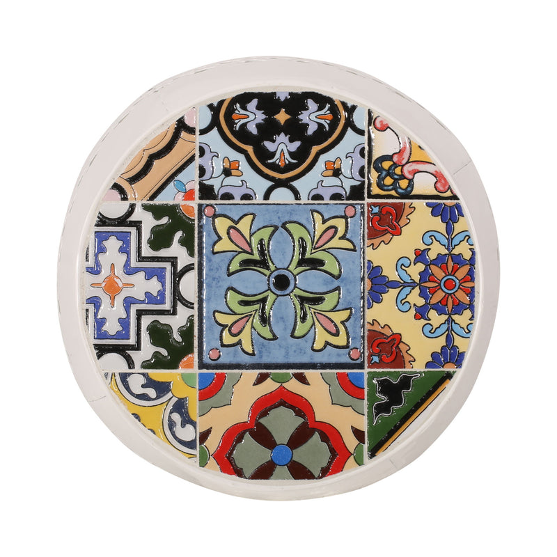 Noble House Roswell outdoor side table with mosaic tile top and sturdy metal frame, perfect for patio or garden decor.