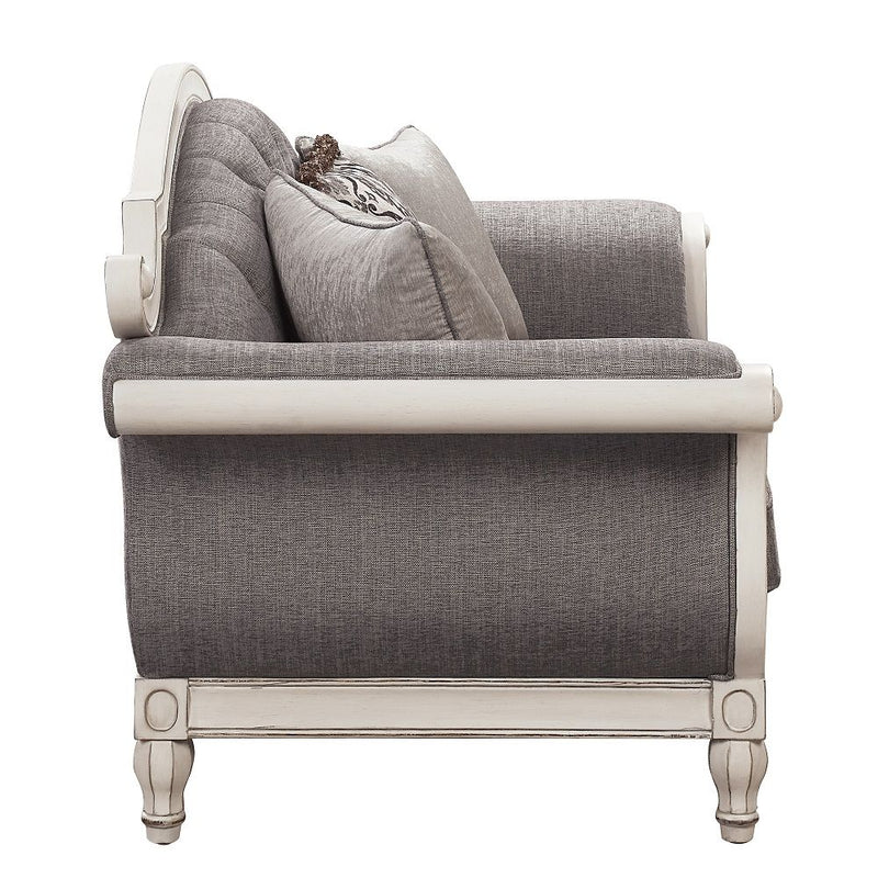 Florian - Loveseat With 3 Pillows - Gray Fabric & Antique White - R&R Furniture Gallery (Fountain Valley, CA)
