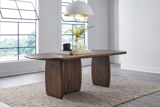 Xolani Rectangular Acacia Wood Pedestal Table in Impala - R&R Furniture Gallery (Fountain Valley, CA)