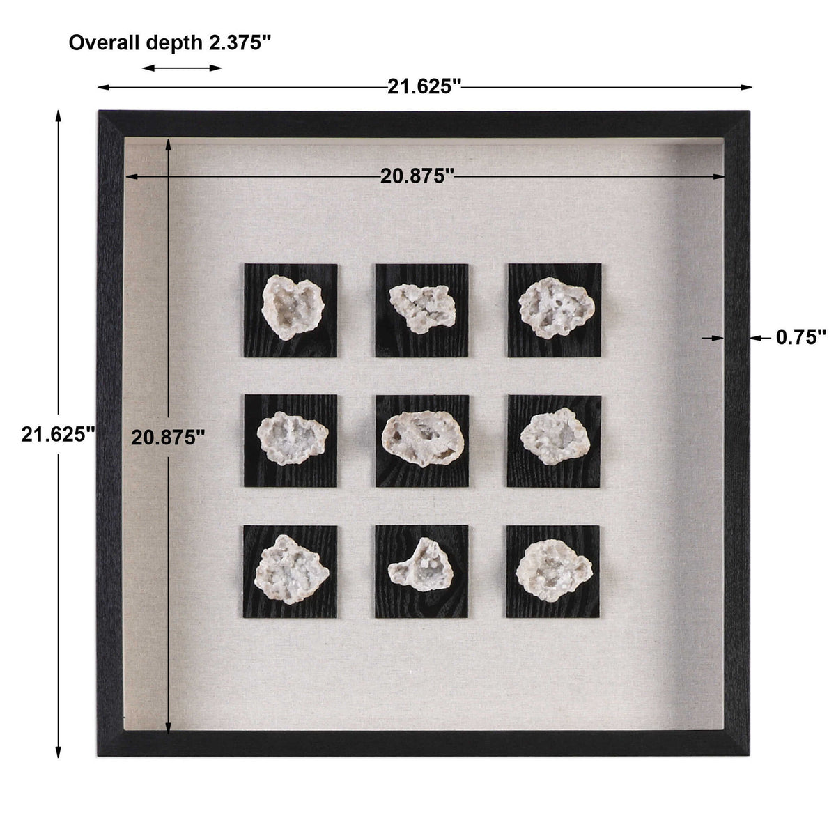 Black linen shadow box wall decor featuring a geode design, by Uttermost, ideal for modern interior accents.
