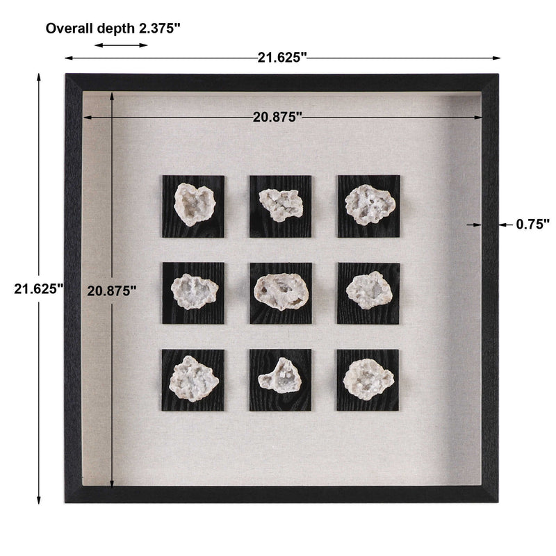Black linen shadow box wall decor featuring a geode design, by Uttermost, ideal for modern interior accents.