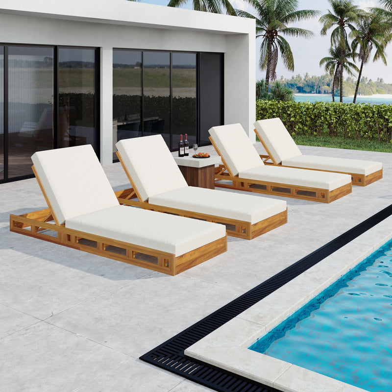 Premium Acacia Wood Lounge Chaise Set With Water Resistant Cushions, Adjustable Recline - Cream / Teak - R&R Furniture Gallery (Fountain Valley, CA)