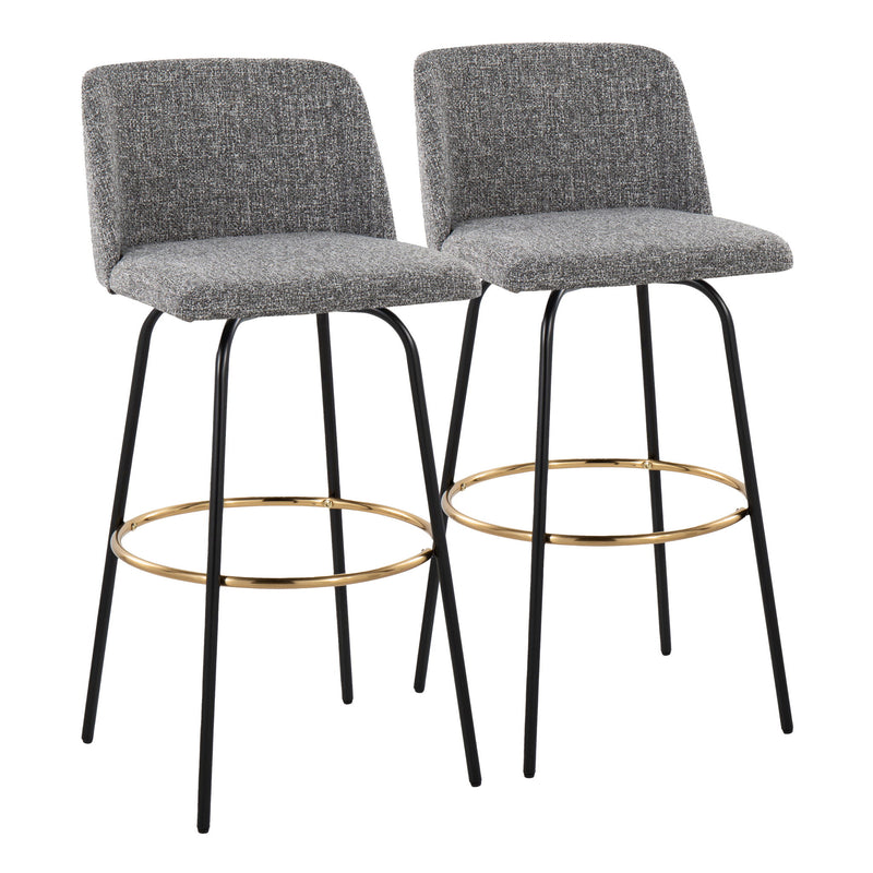 Lumi Source Toriano contemporary fixed-height barstools with swivel seats and round footrests, set of two, in modern design.