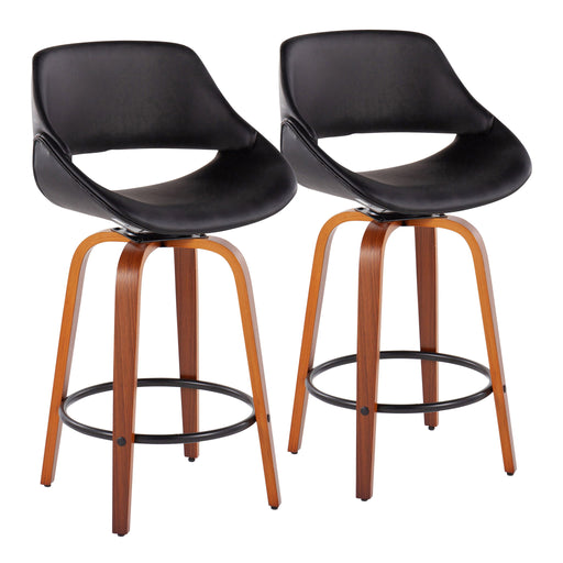 Lumi Source Fabrico mid-century modern fixed height counter stool set with round footrests, featuring sleek wooden legs and upholstered seats.