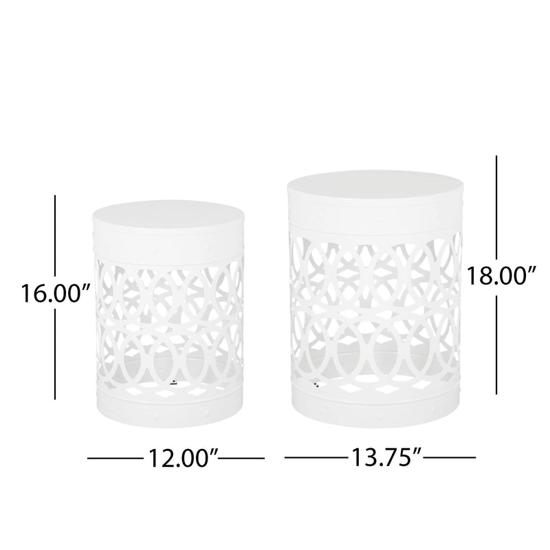 Noble House outdoor metal side table with S/2 end table design, featuring a durable metal frame and sleek surface for outdoor use.