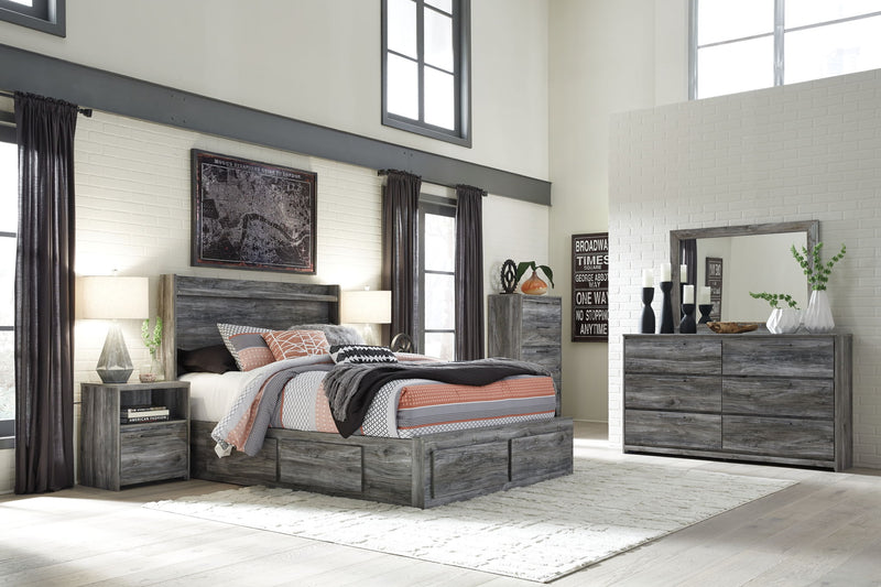 Gray Baystorm 8-piece panel bedroom set by Signature Design Ashley, featuring a bed, dresser, mirror, and matching bedroom furniture.