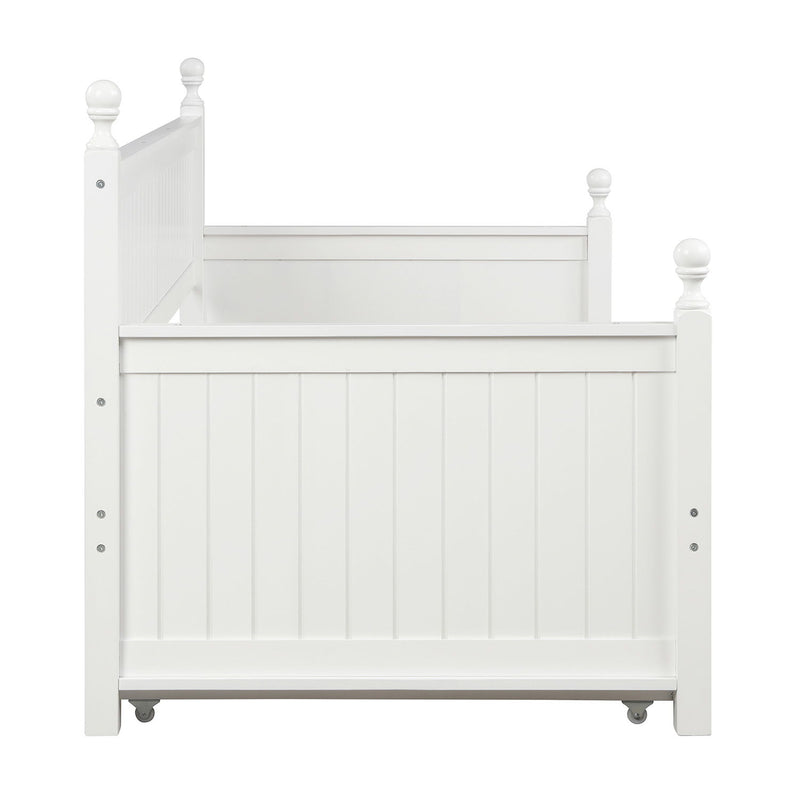 White twin size daybed and trundle bed from DreamHaus, featuring a sleek design and sturdy frame, ideal for guest rooms or compact spaces.