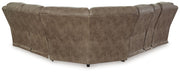 Signature Design by Ashley Ravenel faux leather 3-piece power reclining sectional with loveseat and console in fossil color.